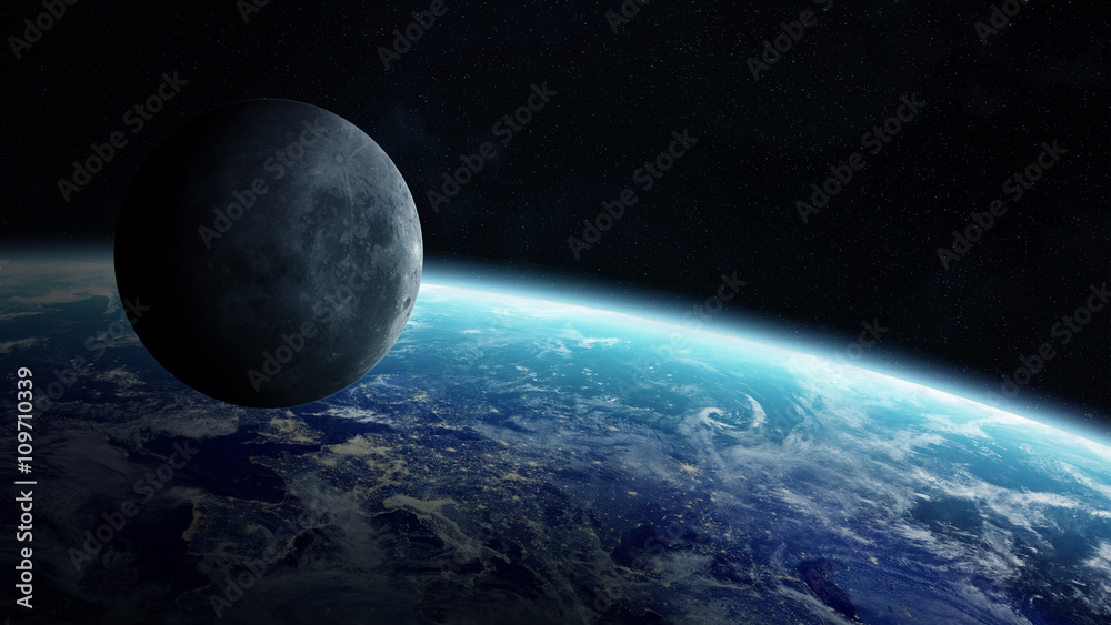 View of the moon close to planet Earth in space