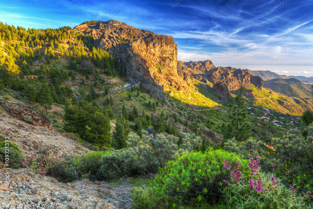 Green mountains of Gran Canaria island at sunset, Spain