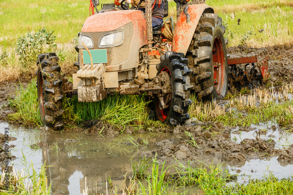 Agricultural tractor cultivated land in the paddy fields