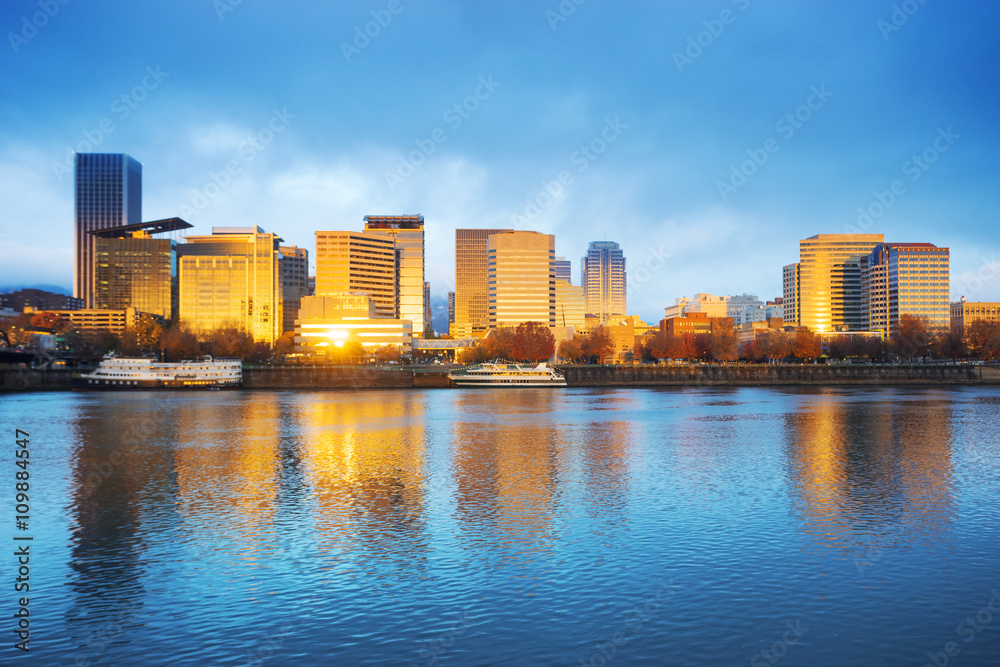 water,cityscape and skyline of portland in blue sky