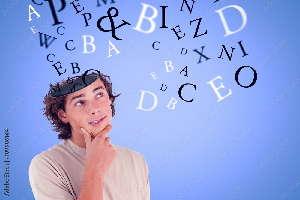 Composite image of close up of a thoughtful man