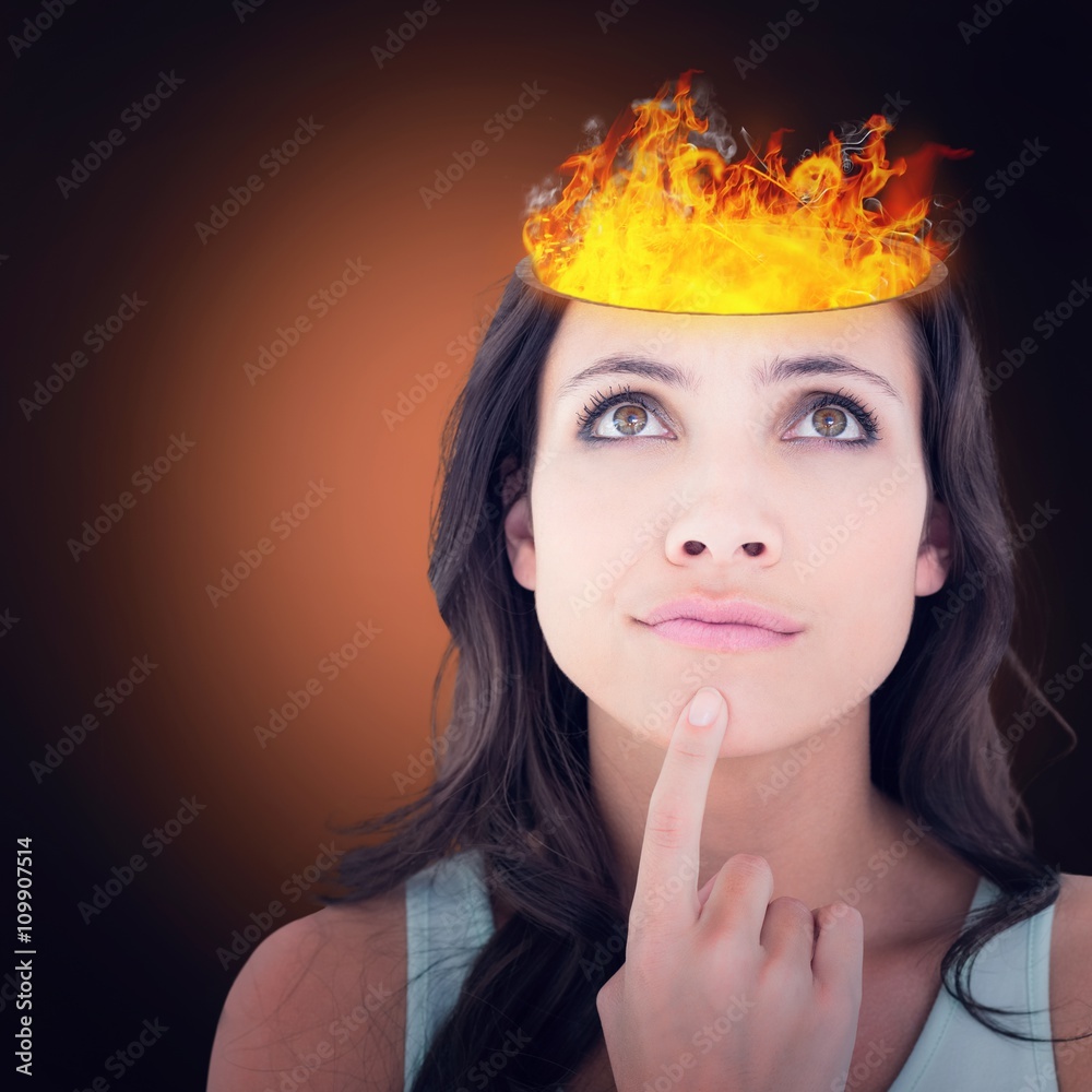 Composite image of pretty brunette looking up thoughfully