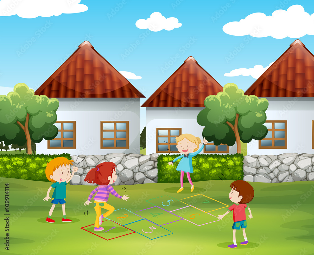 Children playing hopscotch in the yard