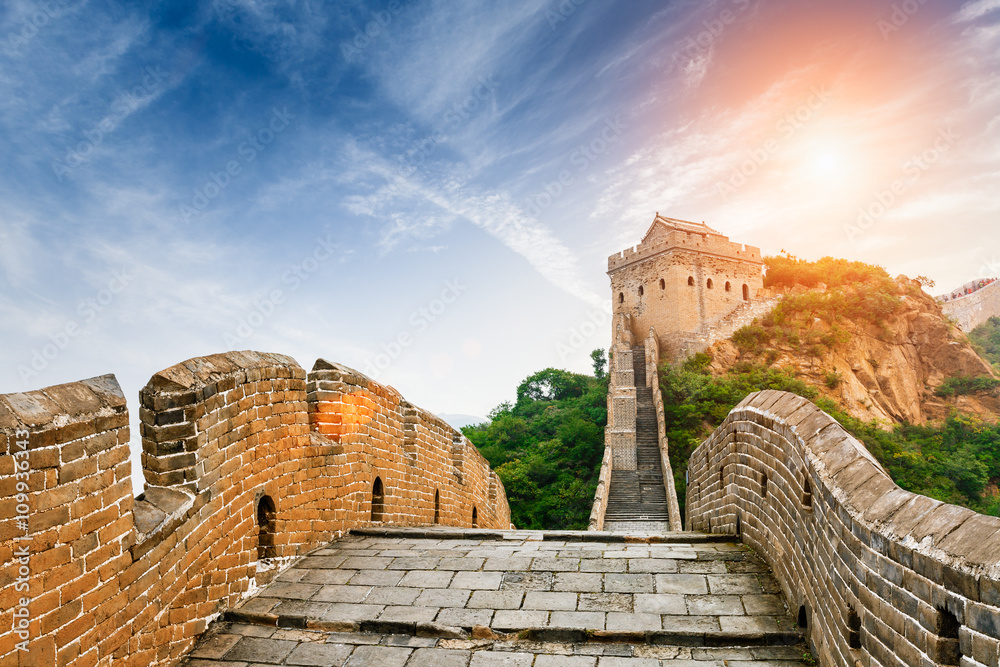 The magnificent Great Wall of China in the sunset