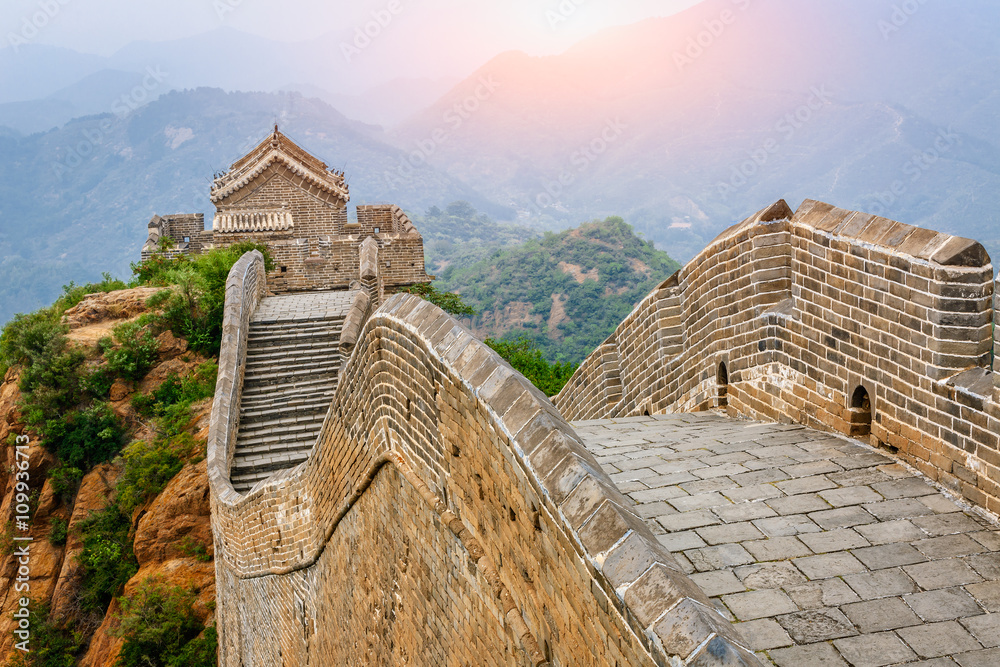 The magnificent Great Wall of China in the sunset