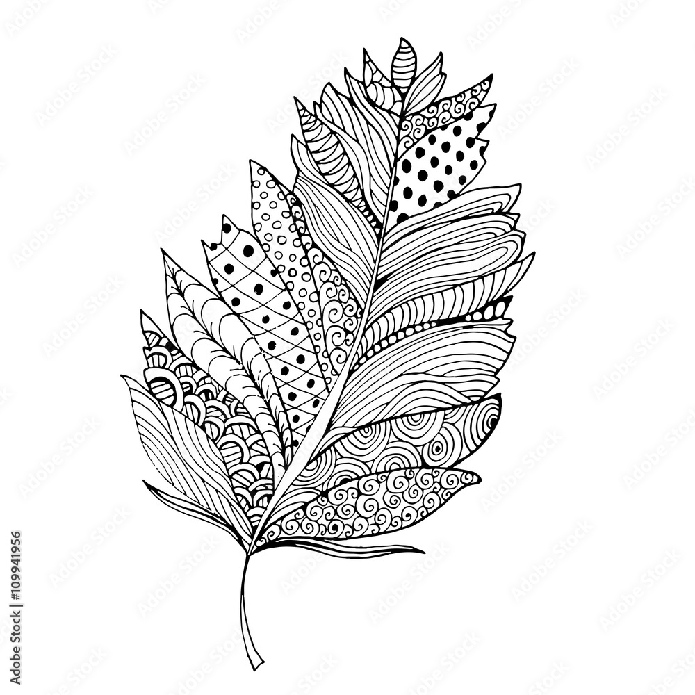 Feather in zentangle style. Ornamental fill. Isolated on white. Vector illustration