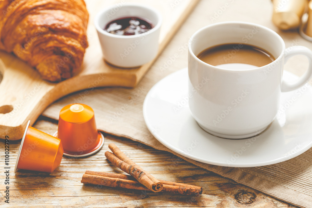 Breakfast with coffee and croissants on wooden table