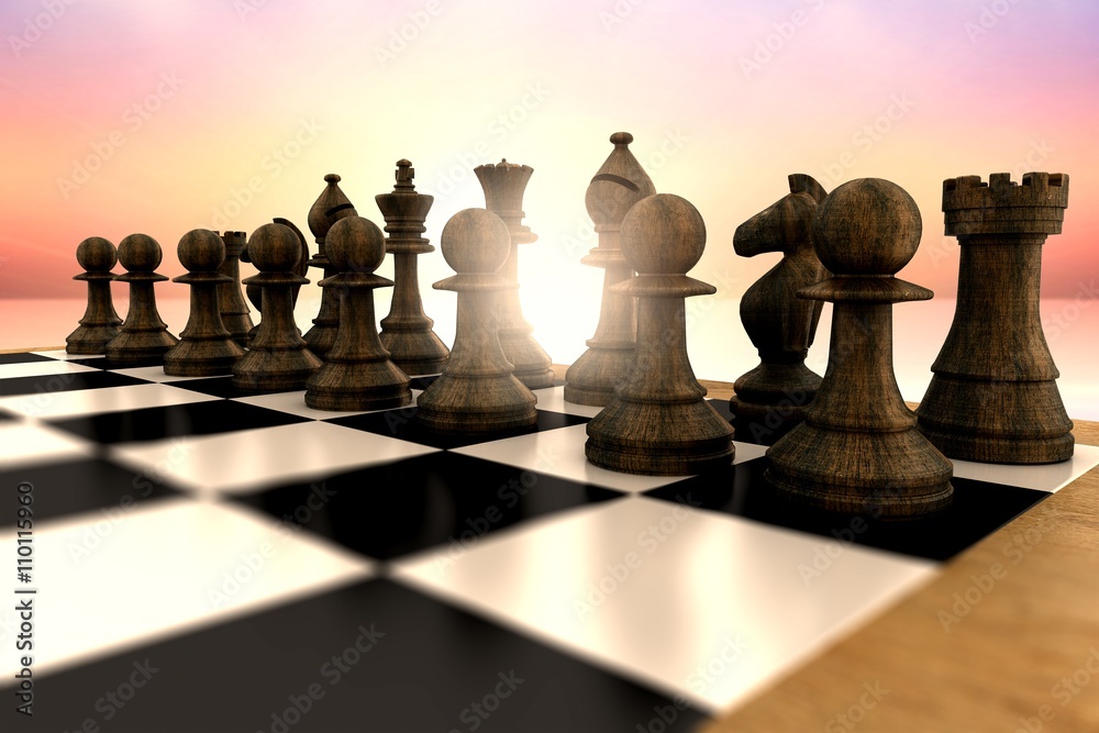 Composite image of black chess pieces on board