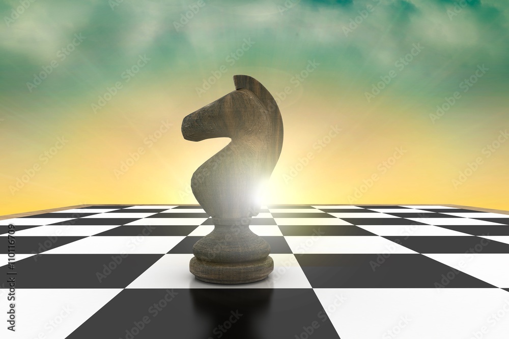 Composite image of black knight on chess board