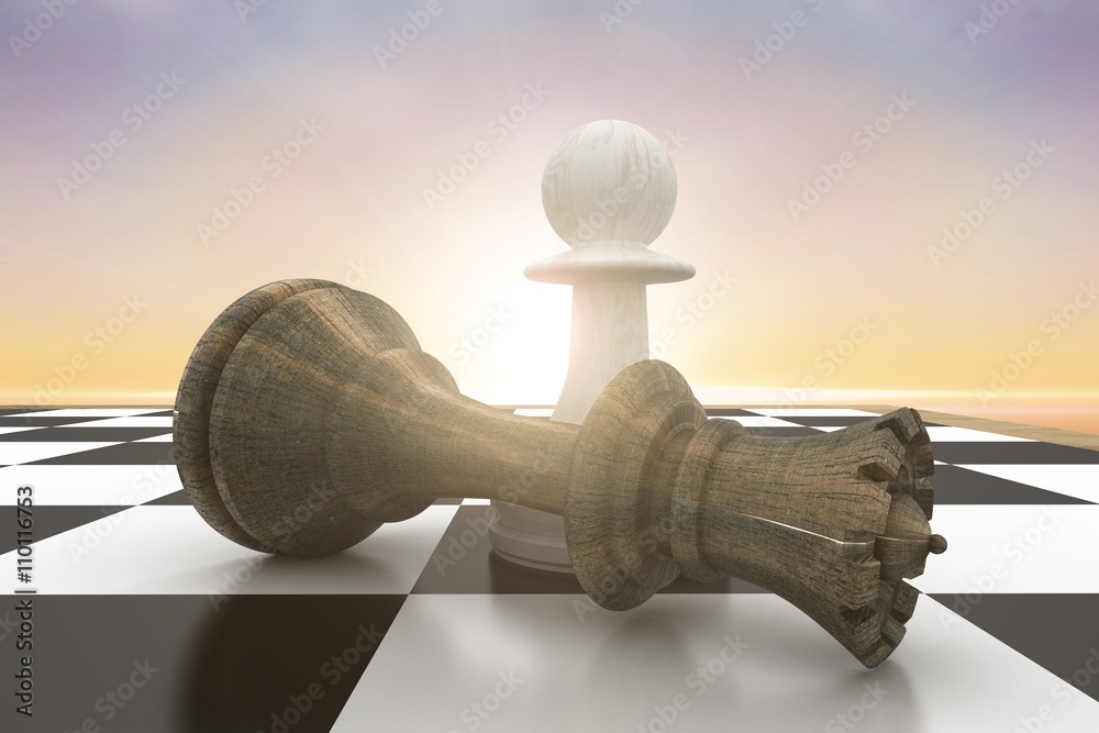 Composite image of white pawn standing over fallen black queen