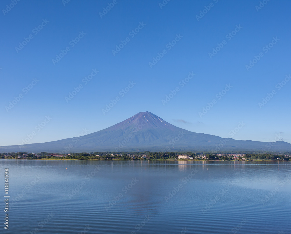 富士山全景，夏季川口湖倒影