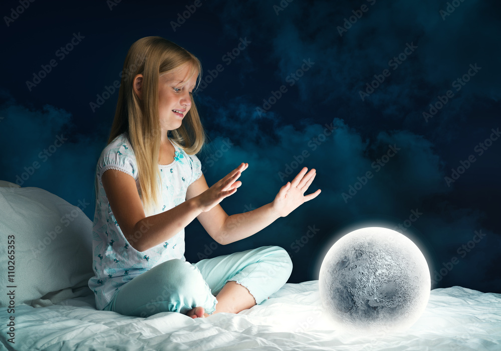 Girl in her bed and moon planet