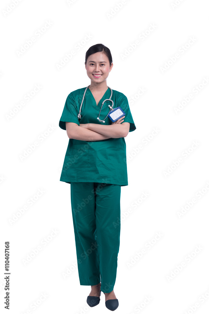 Full length beautiful nurse on white background