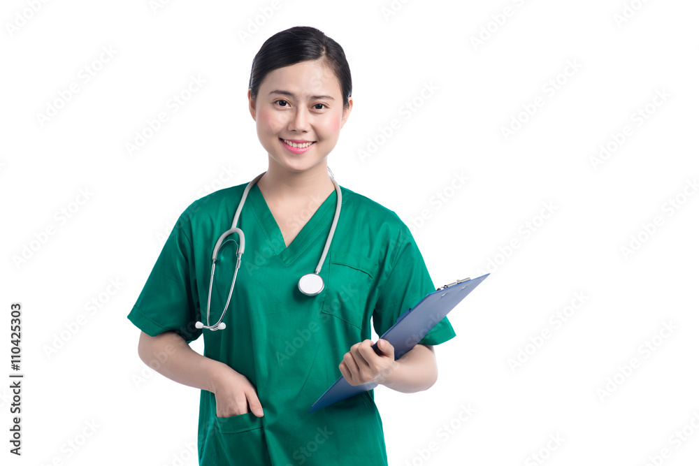 Portrait of happy medical doctor woman with clipboard. Isolated on white background