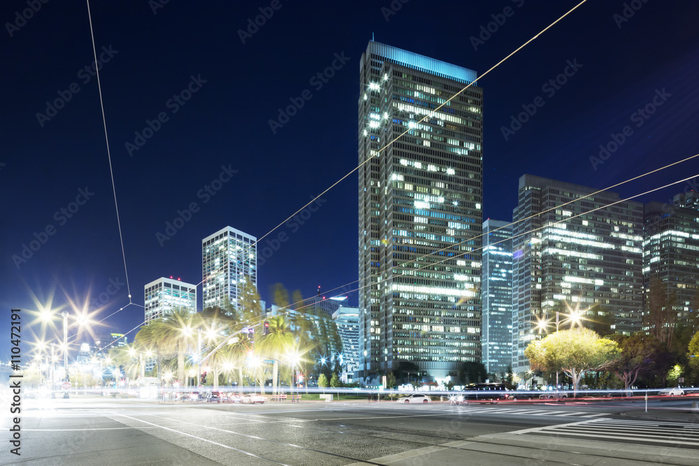 road with tramway in san francisco at night