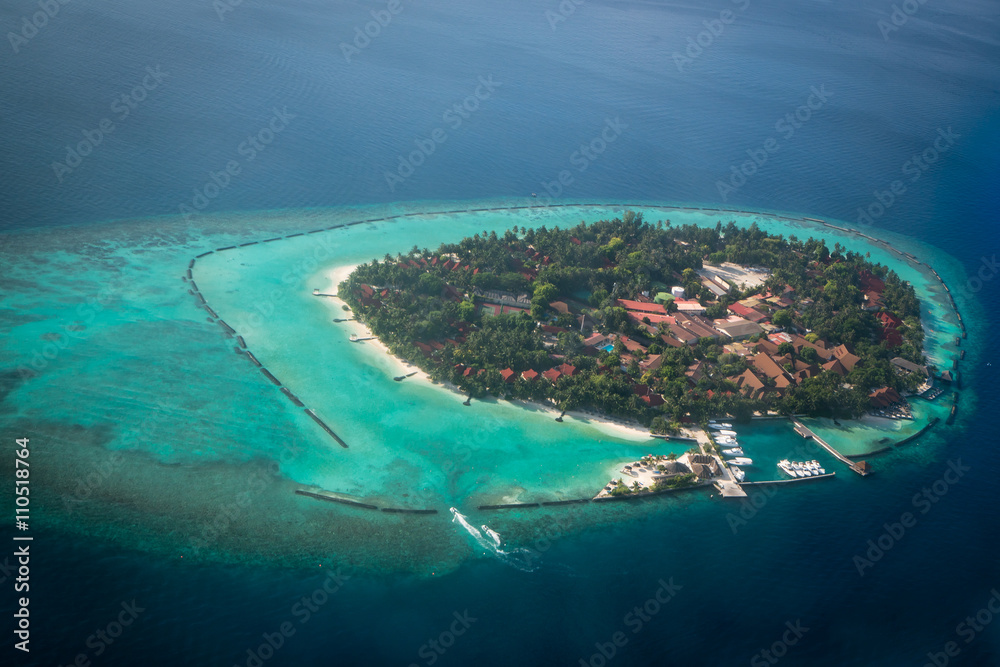 Tropical islands and atolls in Maldives from aerial view