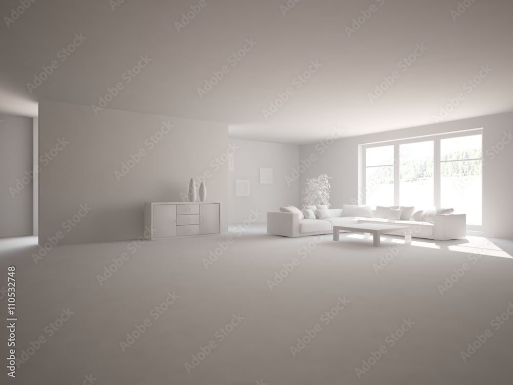 white interior design of living room -3D illustration