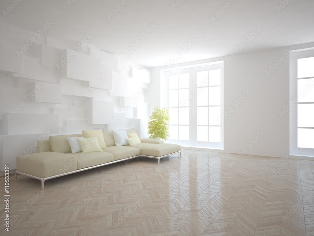 white interior design of living room -3D illustration