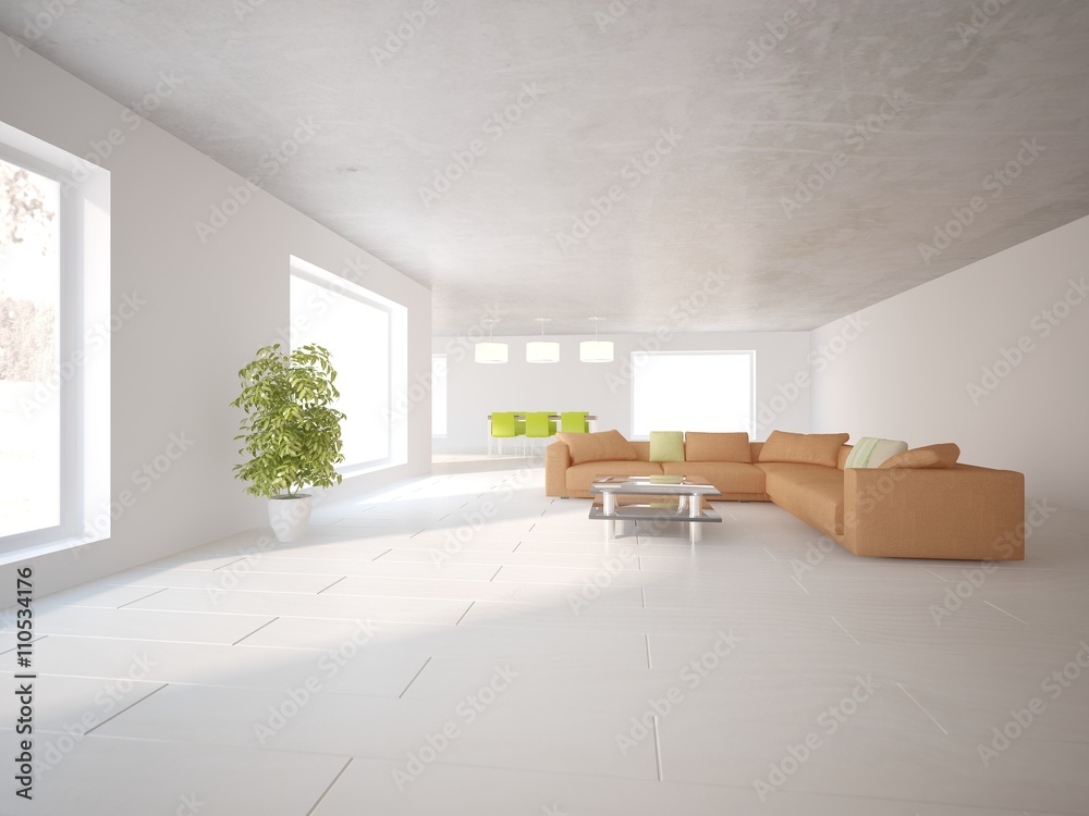 white interior design of living room -3D illustration