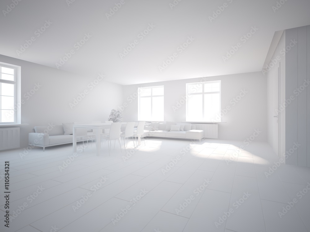 white interior design of living room -3D illustration