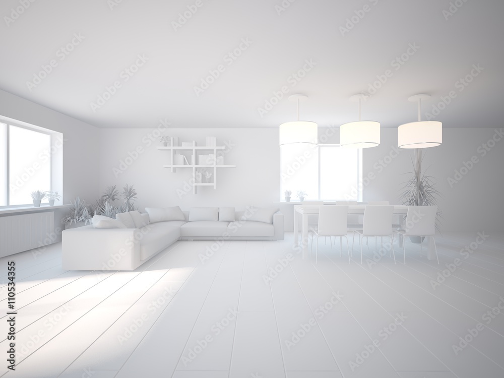 white interior design of living room -3D illustration