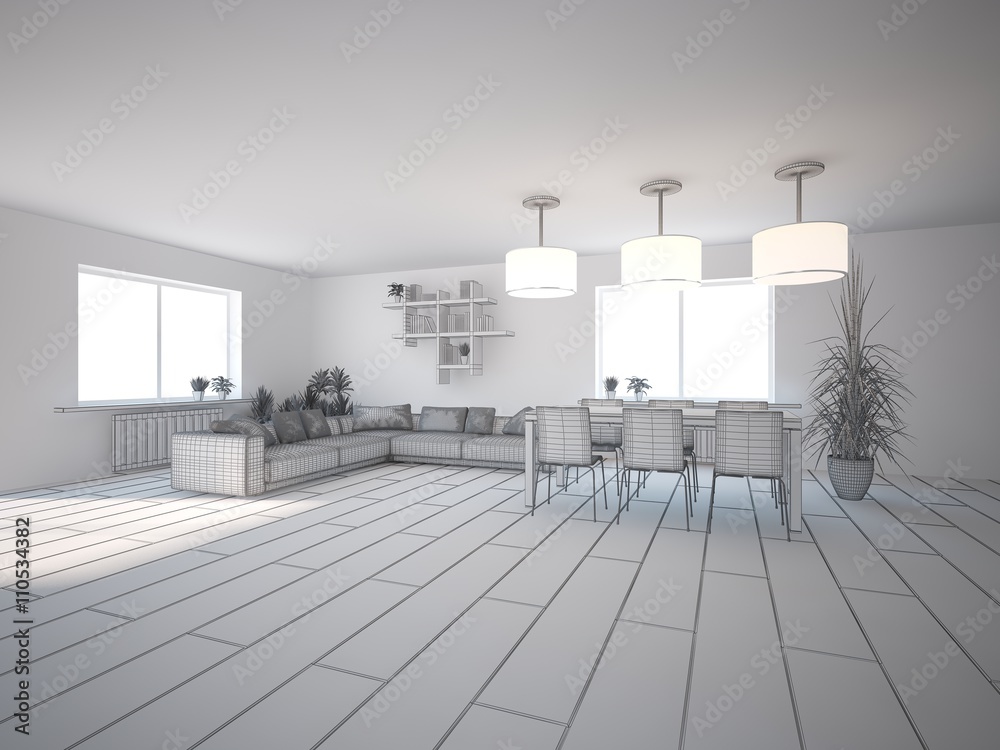 white interior design of living room -3D illustration