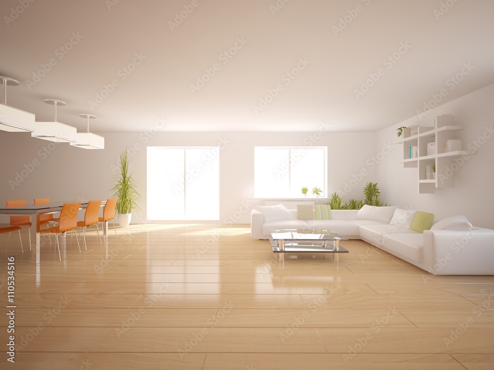 white interior design of living room -3D illustration