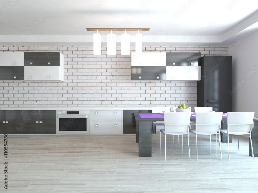 white interior design of kitchen -3D illustration