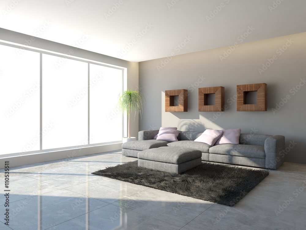 white interior design of living room -3D illustration