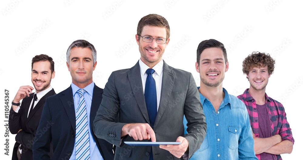 Composite image of businessman using his tablet pc 