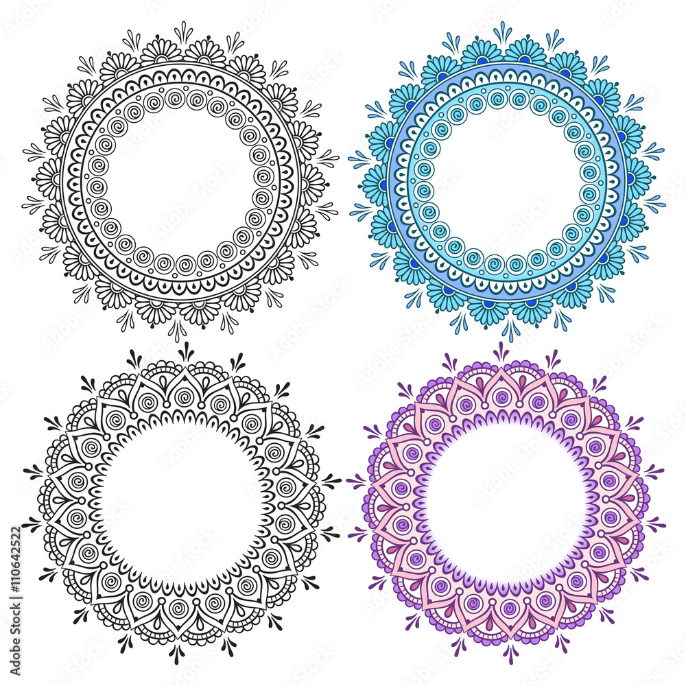 手绘抽象圆形设计元素集。装饰性印度圆形蕾丝华丽曼陀罗。框架或