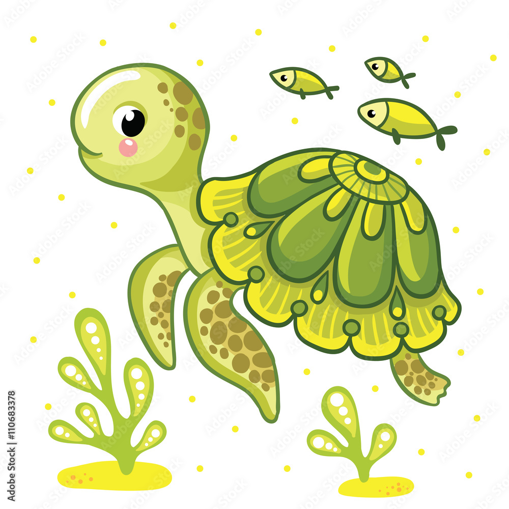 Cute cartoon turtle isolated. Turtle and fish on a white background, vector illustration.