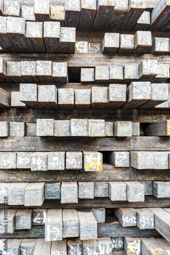 Stack of steel billet products in the steel plant