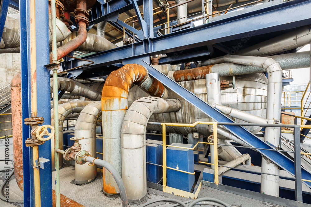 Industrial water cooling evaporator pipeline equipment in the old steel mill