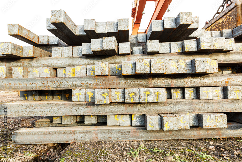 Stack of steel billet products in the steel plant