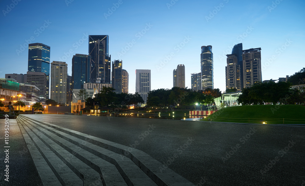 Empty floor and modern cityscape