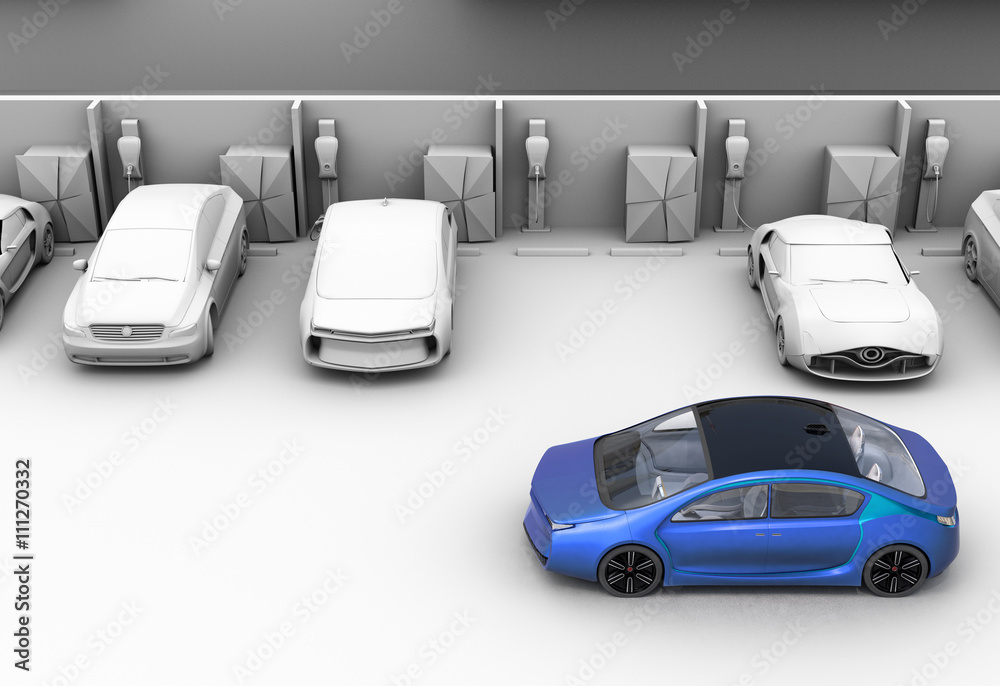 Blue car in parking lot.  Other cars are clay shading model. 3D rendering image.