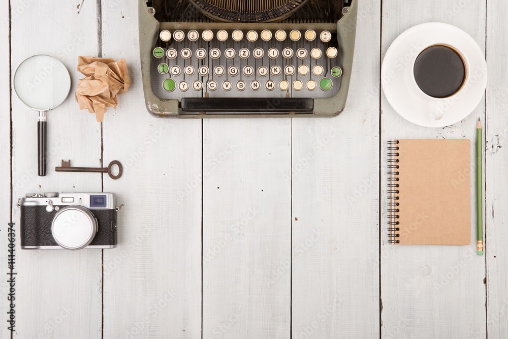 writers workplace - wooden desk with typewriter