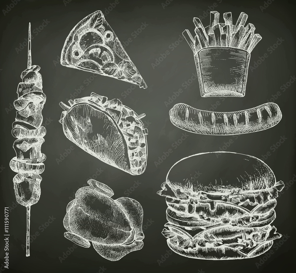 快餐，黑板矢量集上的草图