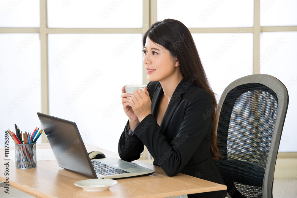 Asian Smiling business women enjoy Coffee Break on laptop