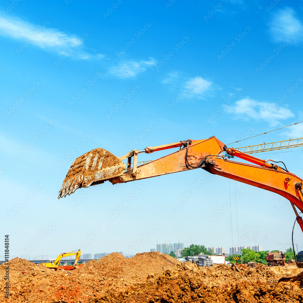 The excavator is dredging