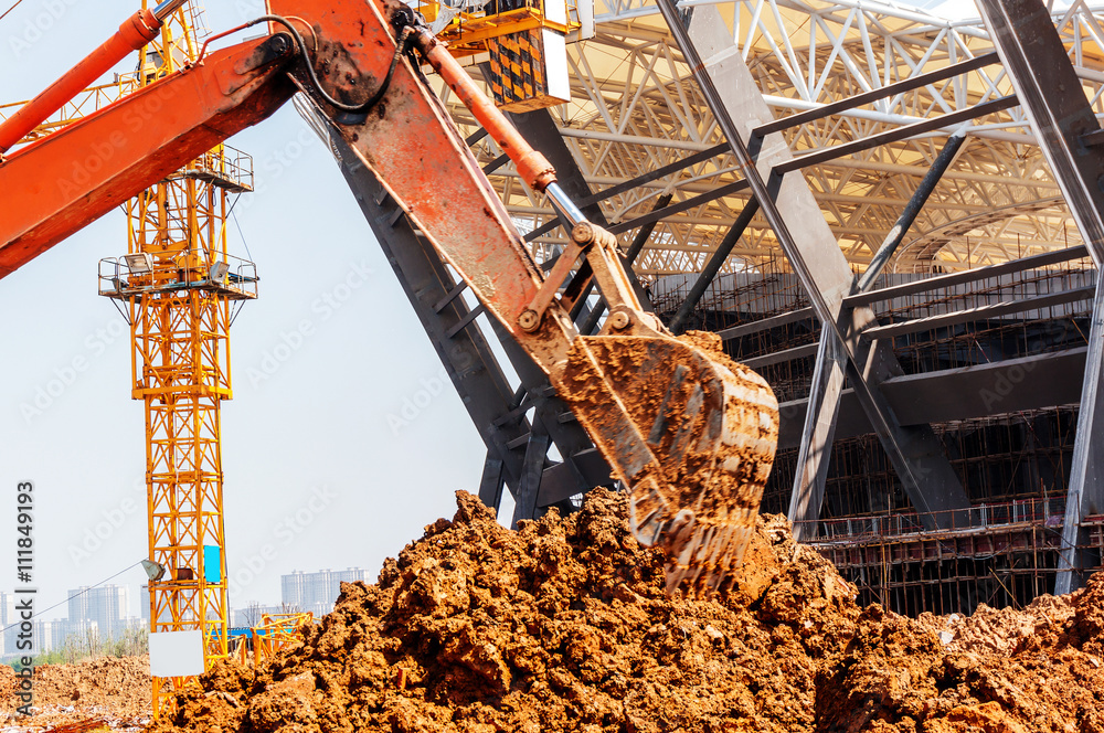 Close-up of a construction site excavator