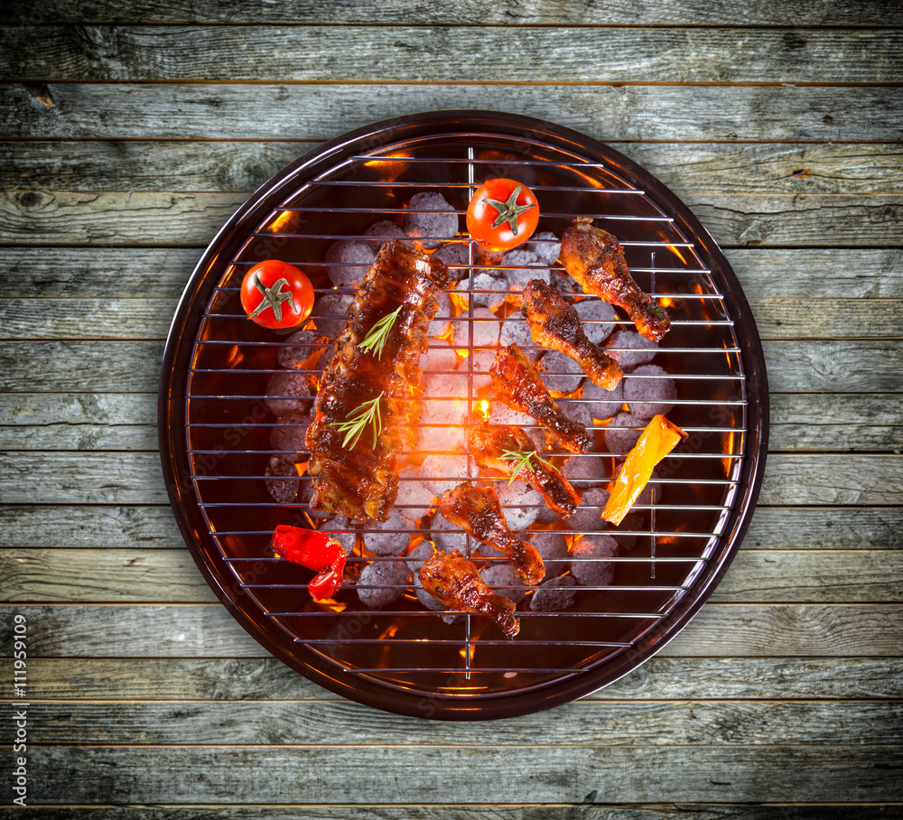 Various kind of meat served on grill