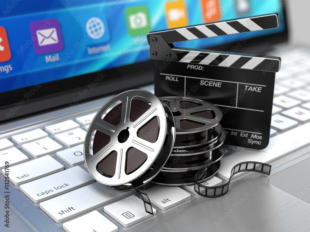 Laptop, Film and Clapper board - video icon. 3d rendering