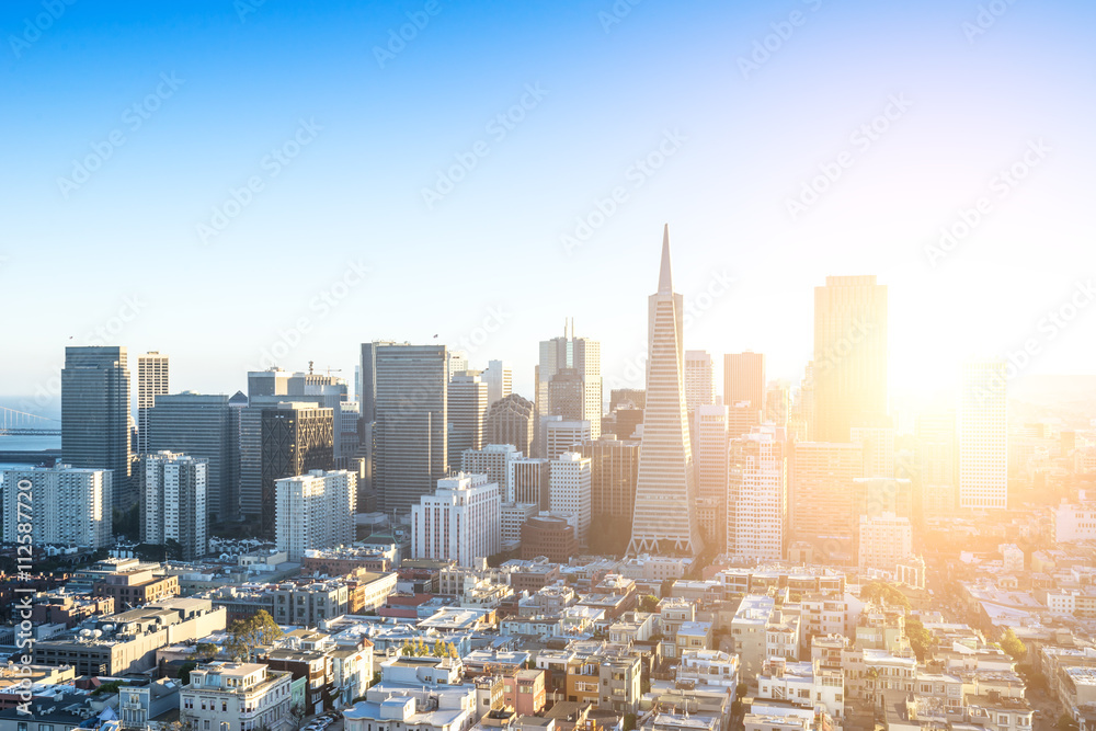 cityscape and skyline of san francisco at sunrise