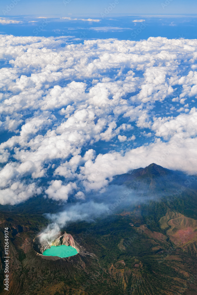 Aerial photo of active volcano Ijen in East Java