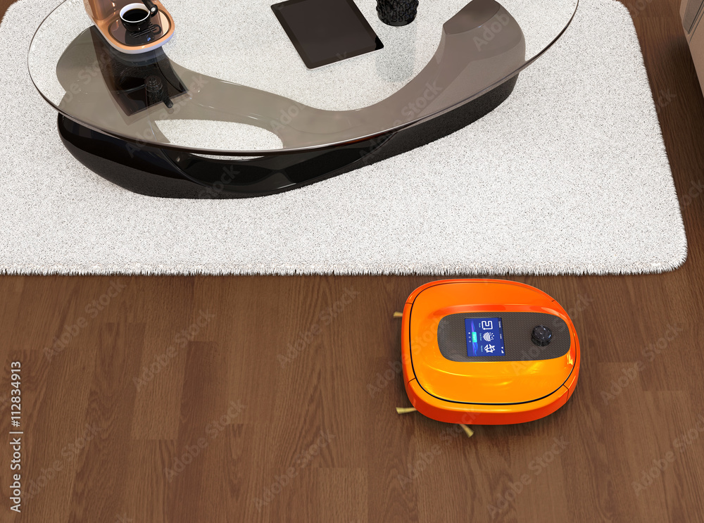 Robotic vacuum cleaner moving on flooring. 3D rendering image.