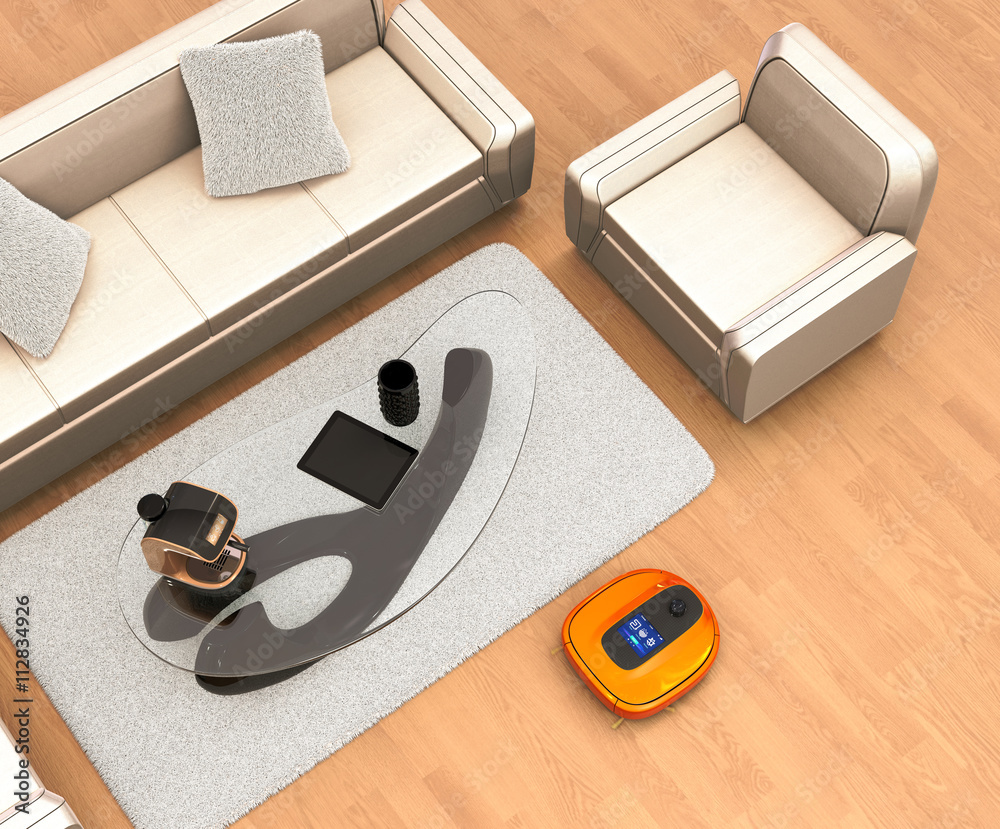 Robotic vacuum cleaner moving on flooring. 3D rendering image.