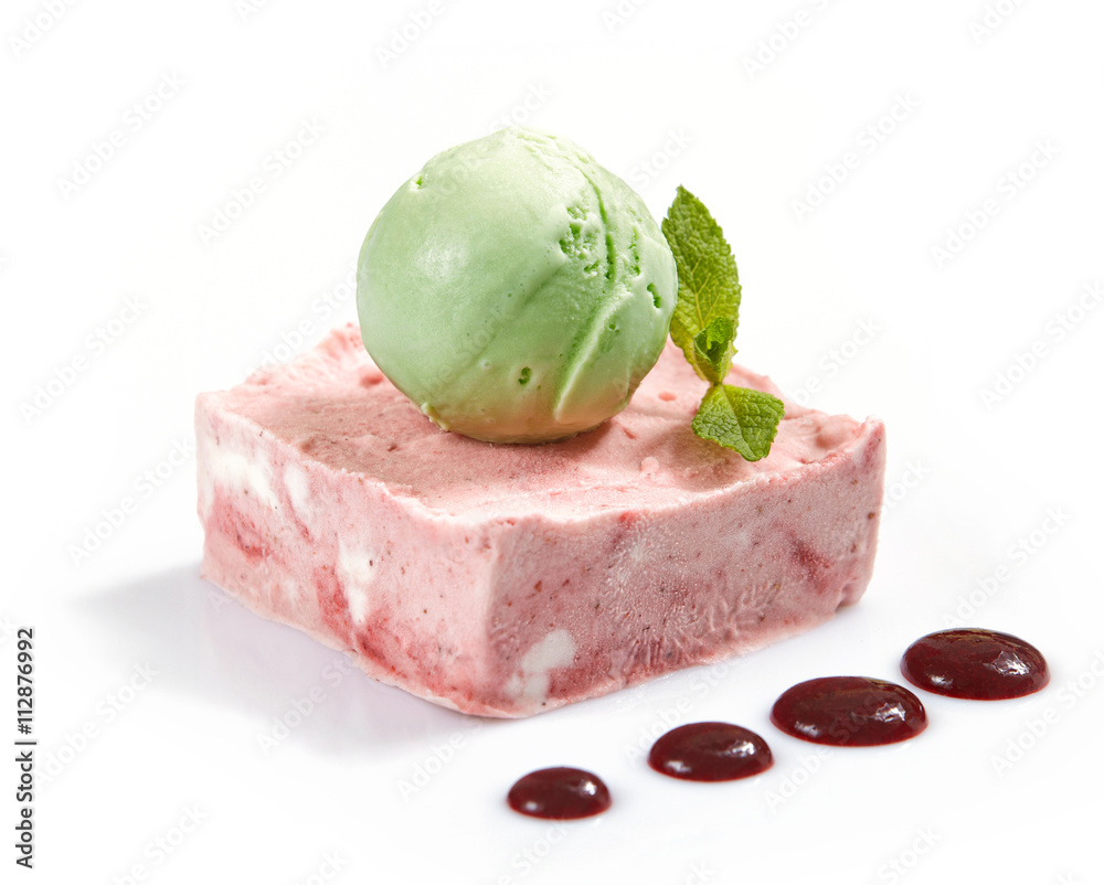 pink fruit cream with green icecream