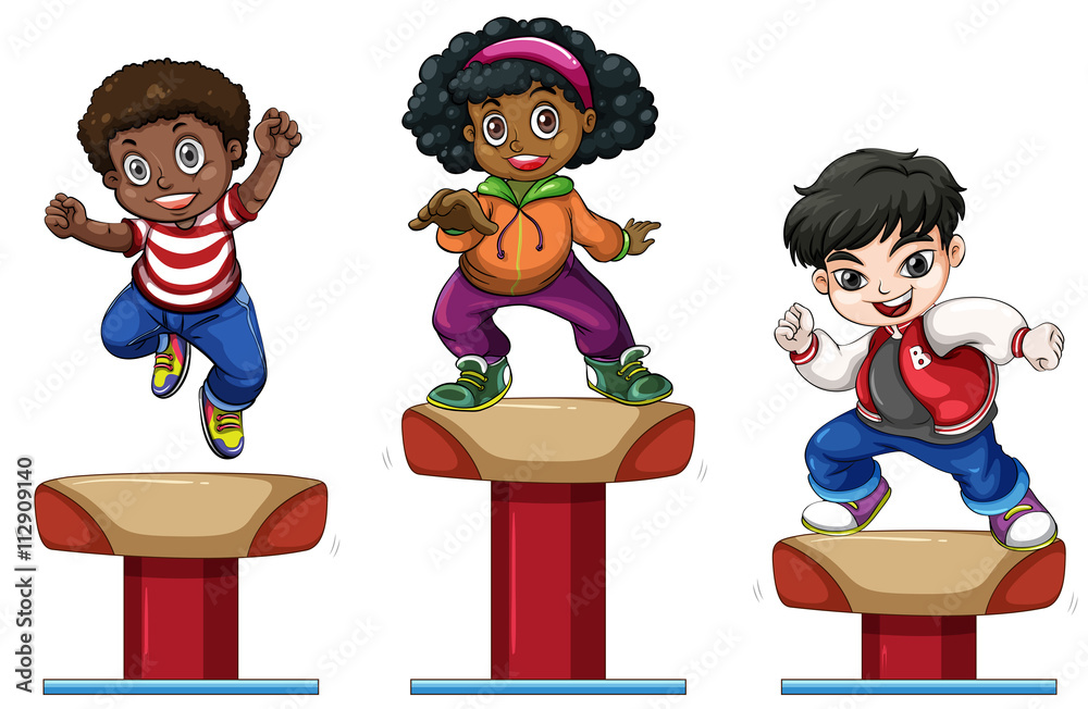 Three children on balance beam